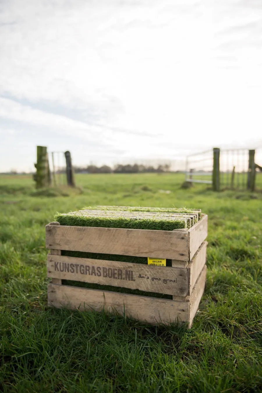 Houten stalenkist van Kunstgrasboer, gevuld met grasstalen, in een weiland bij een hek
